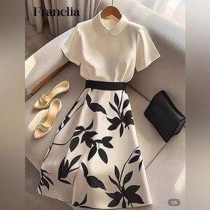 Francila Cream Blouse and Black Floral Skirt Set